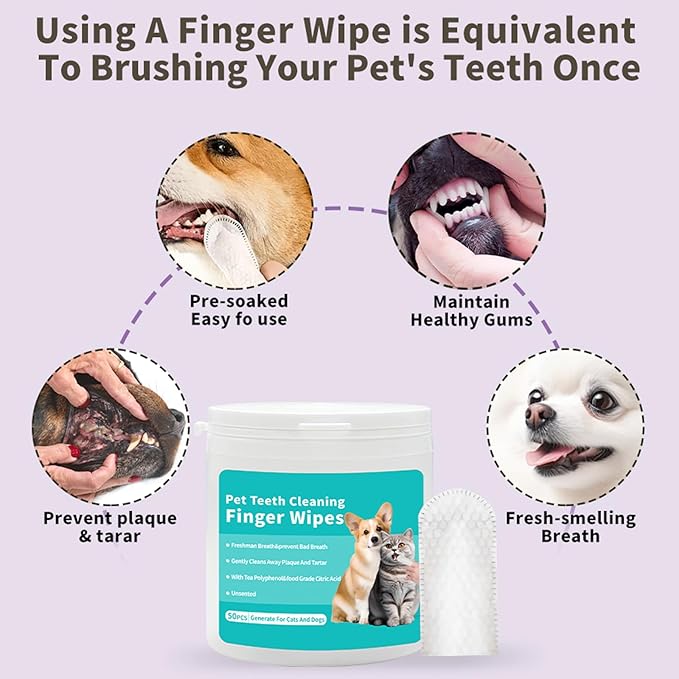 YUHUF-Teeth Cleaning Finger Wipes for Dogs &amp; Cats, Pet Dental Care by Reducing Plaque and Tartar Remove Bad Breath, Disposable Gentle Gum Care Pet Wipes, 50 PCS