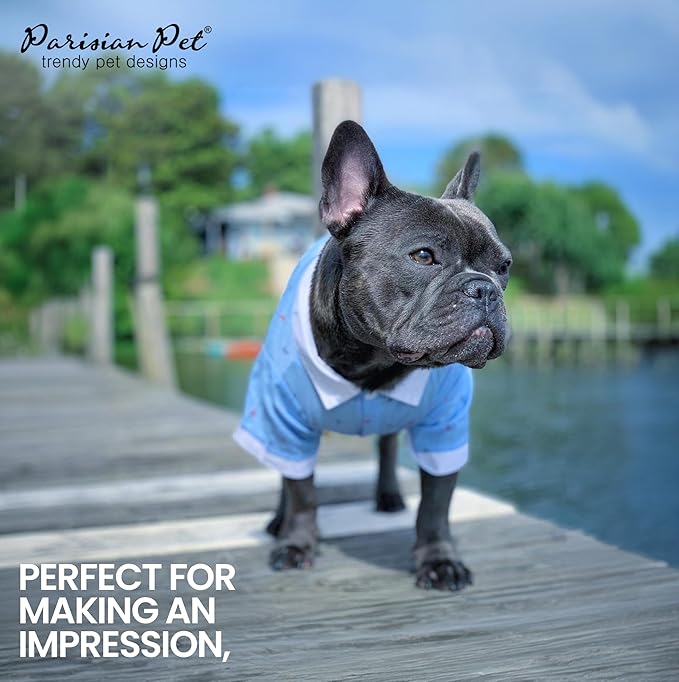 Parisian Pet Dog Shirt - Dog Nautical Costume - 100% Cotton Anchor Dog Clothes - Sleeved Doggie Shirt - Blue and White Dog Costumes for Small Dogs S