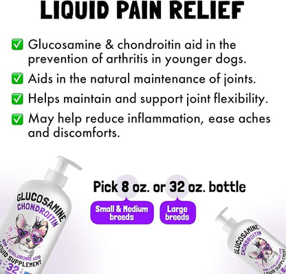Liquid Glucosamine for Dogs Bacon Flavour Chondroitin, MSM &amp; Hyaluronic Acid K9 Supplement Hip and Joint Formula Advanced Mobility Joint Pain Relief Senior Advanced Supplement for All Breeds 32 oz