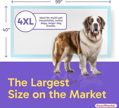 PETSWORLD Mega-Sized Dog Pee Pads (40" x 99") – 4XL Gigantic Pet Piddle Pads for Puppy Training, Incontinence – with Adhesive Sticky Tape – Leak Proof, 5-Layer Protection (160 Count)
