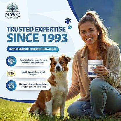 NWC Naturals Total-Biotics, Cat &amp; Dog Probiotics for Digestive Health with Prebiotic, Unflavored Probiotic for Dogs &amp; Cats, Supplement for Gut, Skin, Coat, Upset Stomach Relief, 365 Servings, 8 Ounces