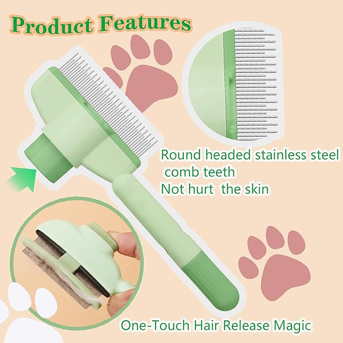 Cat Comb Dog Comb Pet Hair Removal Tool Flea Comb for Cats and Dog Lice Comb Cat Brush with Release Button Self-Cleaning with Long &amp; Short Stainless Steel Metal Teeth for Shedding