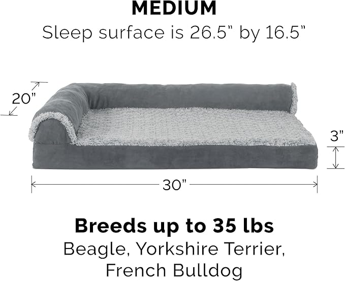 Furhaven Cooling Gel Dog Bed for Medium/Small Dogs w/ Removable Bolsters &amp; Washable Cover, For Dogs Up to 35 lbs - Two-Tone Plush Faux Fur &amp; Suede L Shaped Chaise - Stone Gray, Medium