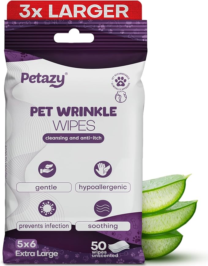 Wrinkle Wipes for Dogs | 3X Larger Dog Face Wipes for French Bulldog and Pug - Cleanse Skin Folds, Tear Stains, Tail Pockets | Anti-Itch, Soothing, &amp; Hypoallergenic with Coconut Oil | 50 Count