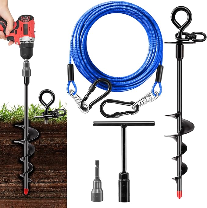 Heavy Duty Dog Tie Out Cable and Stake,16FT Rust Proof Dog Leads Tether for Yard with Swivel Hook,360°Swivel Spiral Dog Stake&amp;Chain Up to 200 lbs,Removable Ground Anchor for Outdoor Beach Camping
