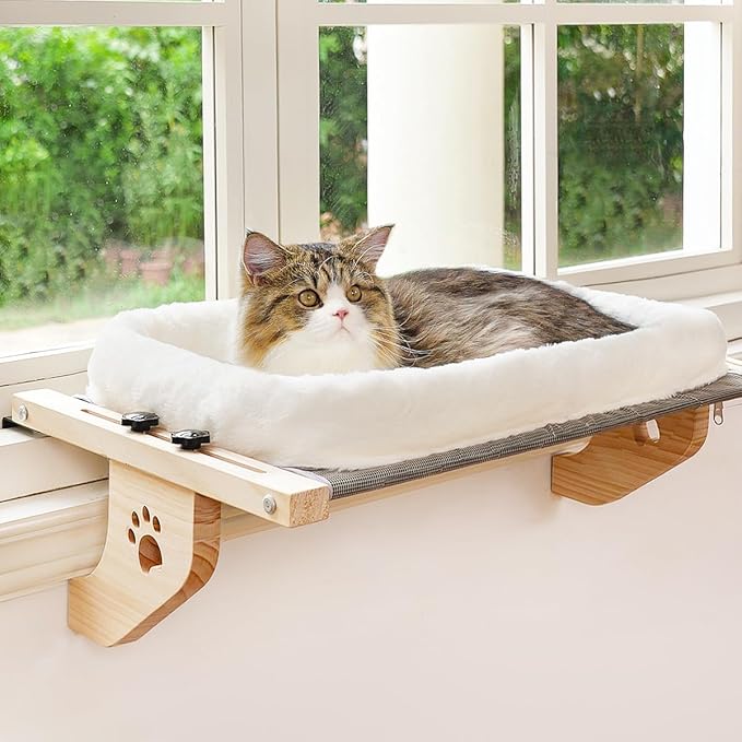 AMOSIJOY Cat Sill Window Perch Sturdy Hammock Window Seat with Cushion Cover, Wood &amp; Metal Frame for Large Cats, Easy to Adjust Cat Bed for Windowsill, Bedside, Drawer and Cabinet (XL)