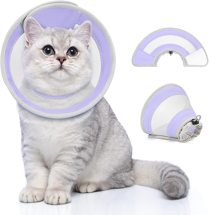 Breathable Air Mesh Cat Cone Collar Soft to Stop Licking, Adjustable, Foldable Lightweight Kitten Cones After Surgery Recovery for Cats &amp; Kittens (Light Purple,L)