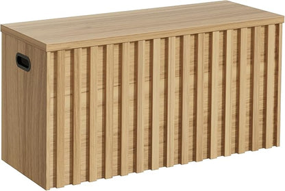 UEV Storage Bench,39.4" Wood Box, Storage Trunk with 2 Safety Hinges, Ottoman Storage Chest, Fluted Storage Bench for Bedroom, Entryway, Living Room(Natural Wood)