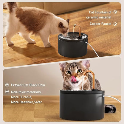 DOOOB Ceramic Cat Water Fountain, 2.1L/71oz Ceramic Cat Fountain, Automatic Ceramic Water Fountain for Cats, Pet Water Fountain with Ultra-Quiet Pump and 3 Filters &amp; 3 Sponges (Black)