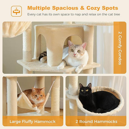 71.2" Tall Cat Tree for Indoor Cats - 9-Level Multi-Cat Tower w/5 Sisal Scratching Posts, 2 Condos, 3 Hammocks, Perch &amp; Pom Poms - Heavy-Duty for Adult Cats, Space-Saving Plush Beige