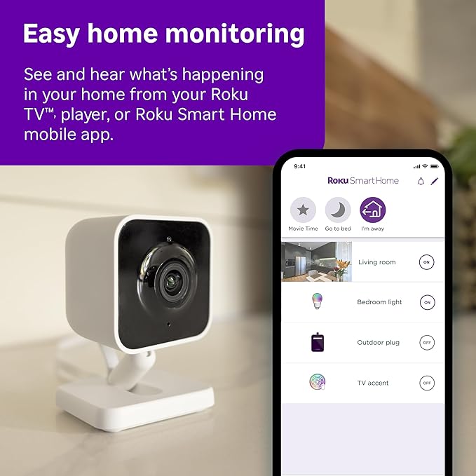 Roku Indoor Camera - Home Security - 1-Pack - Wired Security Camera &amp; Pet Monitor with 1080p HD Color Night Vision, Works with Alexa &amp; Google, Motion &amp; Sound Detection, WDR &amp; WiFi 6