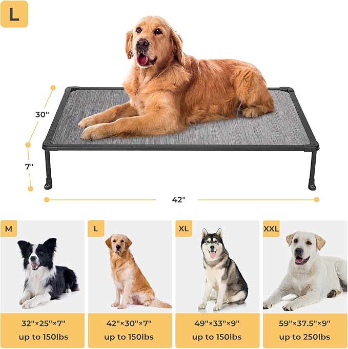 Veehoo Chewproof Elevated Dog Bed - Cooling Raised Pet Cot, Breathable Mesh, Washable &amp; Non-Slip for Large Dogs, Indoor/Outdoor, Black Silver Mat and Black Frame, 42x30inches (Model CWC2203A03)
