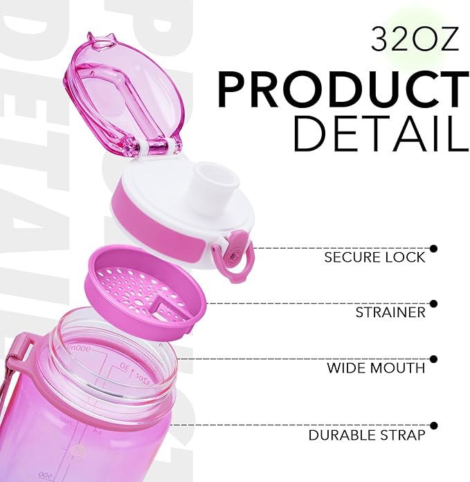 32oz Motivational Water Bottles with Time Marker &amp; Fruit Strainer, Transparent Gradient Color Water Bottle with Times to Drink, Leakproof &amp; BPA Free, Reusable Bottle with Strap (No Straw)