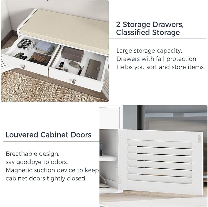 Shoe Storage Bench with 2 Drawers &amp; 2 Doors, Entryway Bench with Cushion, 2 Adjustable Shelves, Shoe Cabinet for Entryway, Living Room, Hallway, Mudroom, Bedroom, White