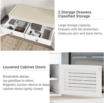 Shoe Storage Bench with 2 Drawers &amp; 2 Doors, Entryway Bench with Cushion, 2 Adjustable Shelves, Shoe Cabinet for Entryway, Living Room, Hallway, Mudroom, Bedroom, White