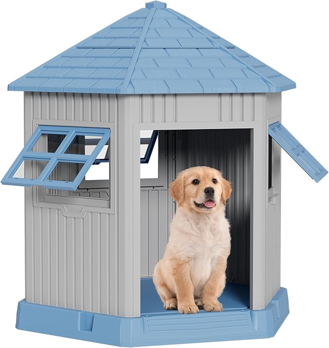 Durable Dog House Indoor Outdoor for Small Medium Dogs, Weatherproof Puppy Shelter with Elevated Floor &amp; Air Vents, Easy Clean and Assemble (Blue, 36.61L*29.5W*37.4H)