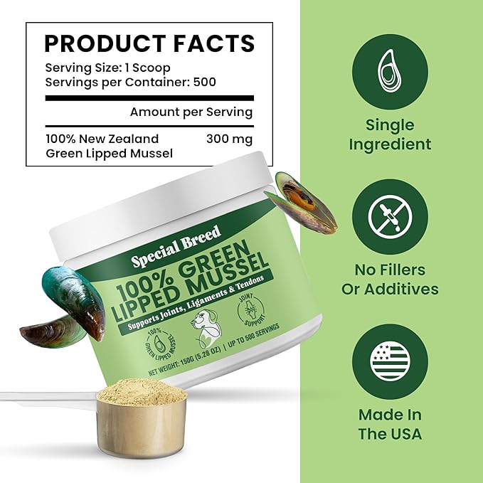 Green Lipped Mussel Powder for Dogs &amp; Cats - 100% New Zealand Green Lipped Mussels - Natural Hip &amp; Joint Supplement for Joints, Tendons, Ligaments, Muscles - 150 Grams - Up to 500 Servings