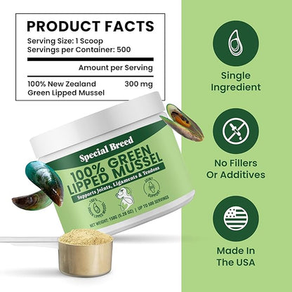 Green Lipped Mussel Powder for Dogs &amp; Cats - 100% New Zealand Green Lipped Mussels - Natural Hip &amp; Joint Supplement for Joints, Tendons, Ligaments, Muscles - 150 Grams - Up to 500 Servings
