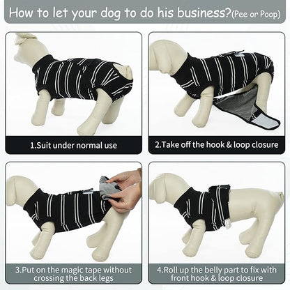 Kuoser Dog Surgery Recovery Suit for Female Male Dogs, Stripes Spay Neuter Anti-Licking Dog Onesie, Surgical Suit Snugly Pet Post Surgery Vest Bodysuit for Abdominal Wounds Skin Disease, Black S