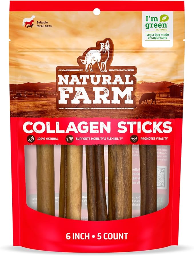 Natural Farm Collagen Sticks 6-Inch Dog Chews - Odor-Free, 95% Natural Collagen Supports Healthy Joints, Skin &amp; Coat - Small, Medium Dogs – Lasts 20% More (6 inch, 5 Pack)