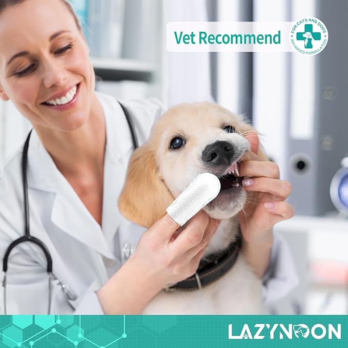 LAZYNOON Dog Teeth Cleaning Wipes - Dog Dental Wipes, Pet Dental Finger Wipes for Dogs &amp; Cats Teeth with Brushing Beads, Removes Plaque and Tartar Buildup, Freshens Breath, 60 Count