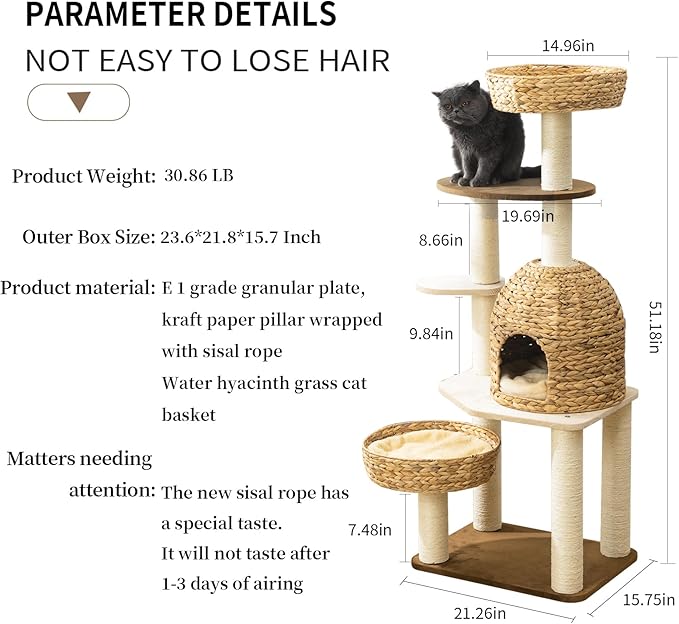 Large Wood Cat Tree Tower for Indoor Cats, Multi-Cats Scratching Post &amp; Cat Condo with Handwoven Cat House Basket, Thick Sisal Posts, Modern Stable Cats Tower Furniture