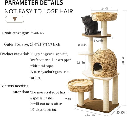 Large Wood Cat Tree Tower for Indoor Cats, Multi-Cats Scratching Post &amp; Cat Condo with Handwoven Cat House Basket, Thick Sisal Posts, Modern Stable Cats Tower Furniture