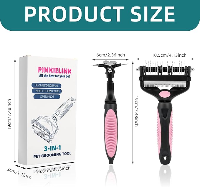 3-IN-1 Pet Grooming Tool - Undercoat Rake, Dematting Comb &amp; Deshedding Brush for Cats &amp; Dogs - Removes Mats, Tangles &amp; Loose Fur, Reduces Shedding &amp; Prevents Hair Mess (Pink)