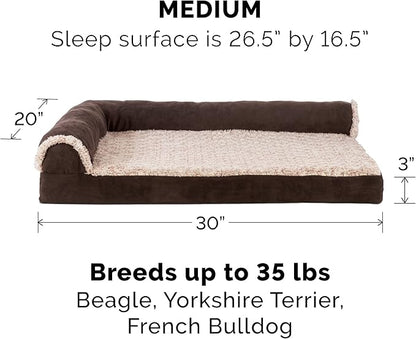 Furhaven Cooling Gel Dog Bed for Medium/Small Dogs w/ Removable Bolsters &amp; Washable Cover, For Dogs Up to 35 lbs - Two-Tone Plush Faux Fur &amp; Suede L Shaped Chaise - Espresso, Medium