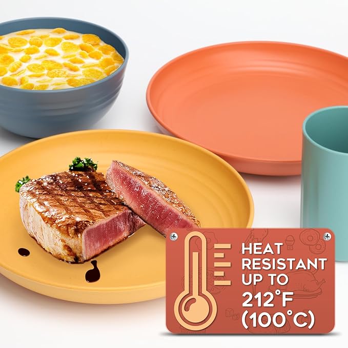 HOTEC 20-Pack Unbreakable Kitchen Plastic Wheat Straw Dinnerware Set – BPA-Free Plates, Bowls &amp; Cups | Lightweight, Microwave &amp; Dishwasher Safe | Multicolor Reusable Tableware for Home &amp; Outdoor Use