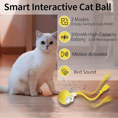 Interactive Cat Toys, Automatic Moving Cat Toys for Bored Indoor Adult Cats, Fast Rolling, Chirping &amp; Motion-Activated Kitty Toys, Fun Gift for Cats with Speedy Tail 2.0, USB Rechargeable, Yellow