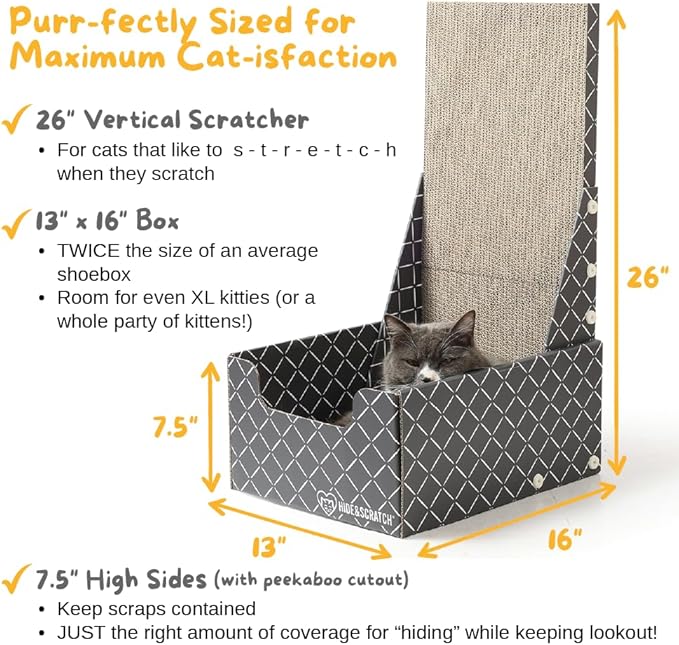 HIDE &amp; SCRATCH 26" L Shaped Cat Scratcher Box and Cat Bed with Double-Sided Cardboard Cat Scratch Pad