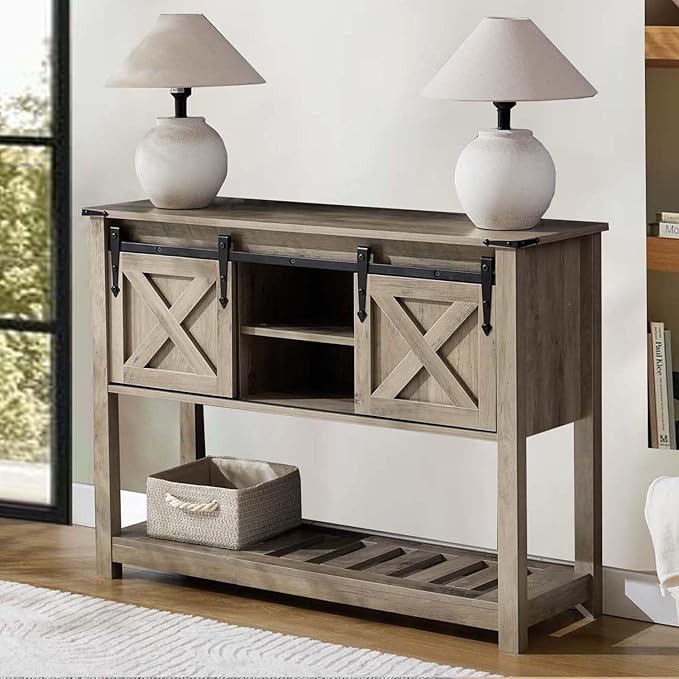Entryway Table with Storage, Farmhouse Buffet Cabinet Coffee Bar Kitchen Island with Sliding Barn Doors &amp; Shelves, Console Table for Kitchen, Dining Room, Living Room, Grey