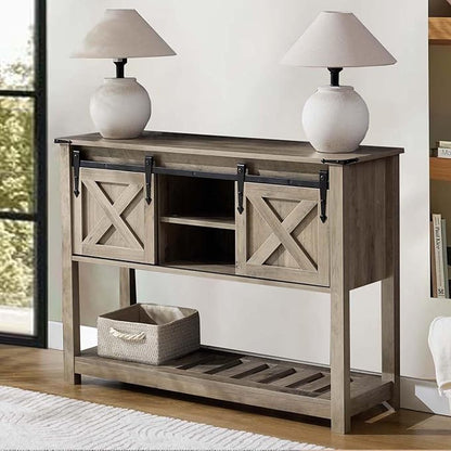 Entryway Table with Storage, Farmhouse Buffet Cabinet Coffee Bar Kitchen Island with Sliding Barn Doors &amp; Shelves, Console Table for Kitchen, Dining Room, Living Room, Grey