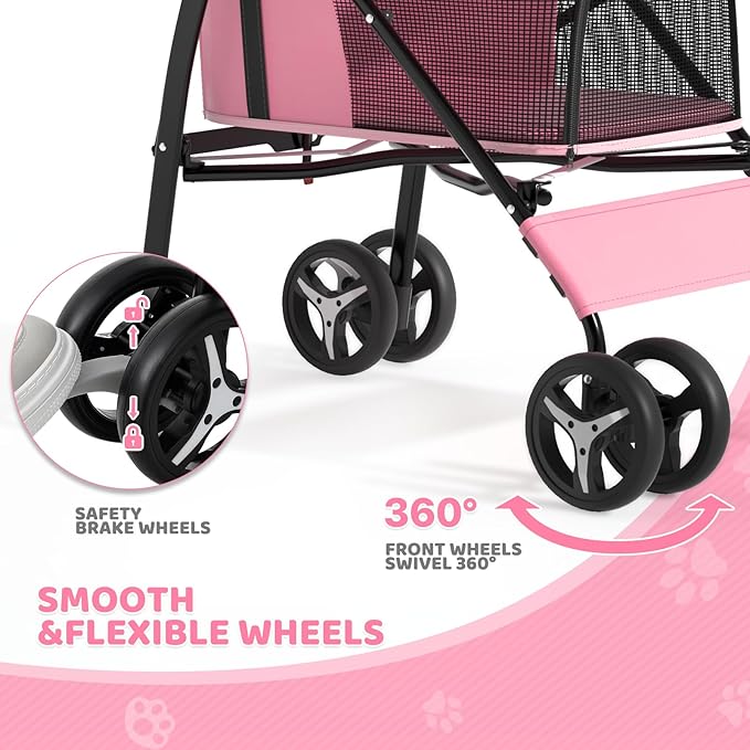 Magshion Compact Pet Stroller for Small-Medium Dogs/Cats up to 22lbs, 4-Wheel Lightweight Umbrella Shaped Portable Puppy Travel Jogger with Breathable Mesh &amp; Rear Storage, Pink