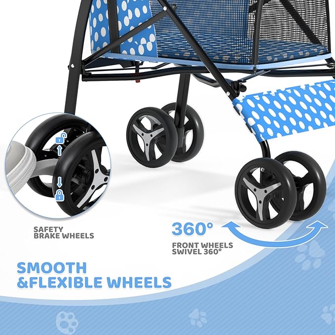 Magshion Compact Pet Stroller for Small-Medium Dogs/Cats up to 22lbs, 4-Wheel Lightweight Umbrella Shaped Portable Puppy Travel Jogger with Breathable Mesh &amp; Rear Storage, Sky Blue Polka Dots