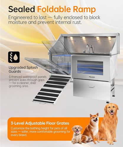 polimo Dog Washing Station, LED Professional Stainless Steel Dog Bathing Station 61", Dog Grooming Tub for Large, Medium &amp; Small Dog - with Window, Ramp, Drawer, Floor Grate &amp; Faucet (Left RAMP, 61")