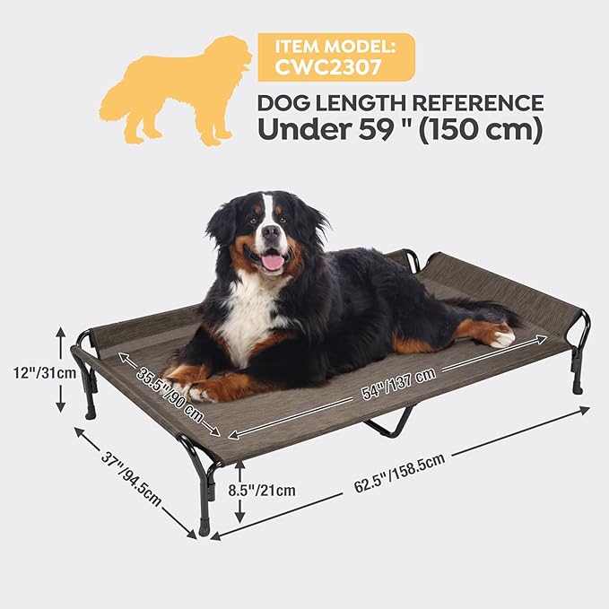 Veehoo Cooling Elevated Dog Bed, Guardrail Raised Pet Cot, Indoor &amp; Outdoor XXL Pet Bed with Washable &amp; Breathable Teslin Mesh, Non-Slip Feet, Dog Couch Bed, 62.5" x 37", Brown