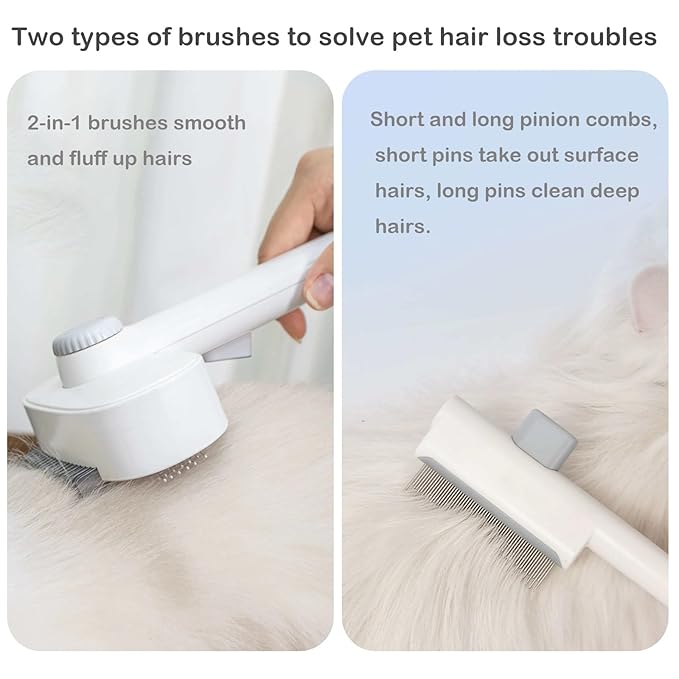 Pet Grooming Combo with Release Button - 2-in-1 Pet Detangling Brush and Cat Dematting Comb with Long &amp; Short Stainless Steel Metal Teeth Easy to Remove Loose Undercoat,Matted Fur &amp; Tangles