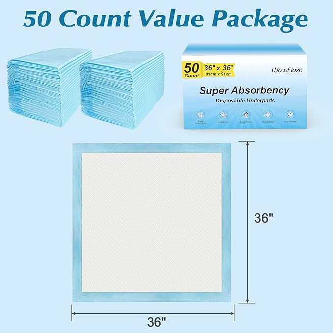 50 Count 36" x 36" Super Absorbency Disposable Underpads - Leakproof Quick Drying Pads for Baby, Puppy &amp; Adults, Bed Pads, Incontinence &amp; Dog Pee