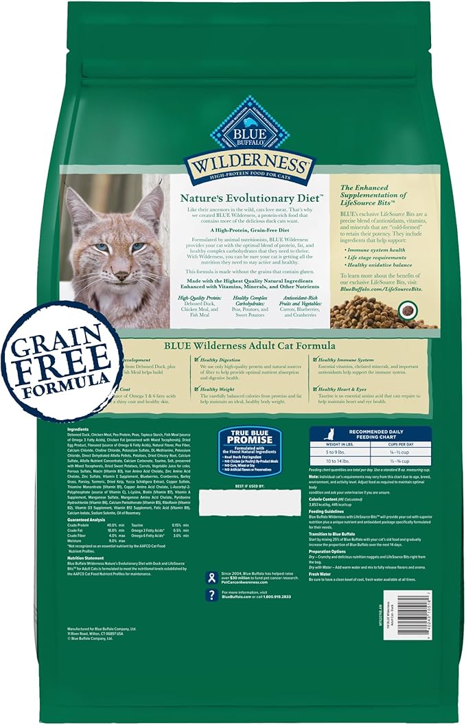 Blue Buffalo Wilderness Healthy Adult Dry Cat Food, Supports Health and Wellness, High-Protein &amp; Grain-Free, Duck, 11-lb Bag