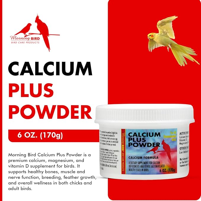 Morning Bird Calcium Plus Powder for Birds 6 oz – Calcium Carbonate Powder with Magnesium Glycinate &amp; Vitamin D – Bone Strength &amp; Immune Support Supplement – Calcium Formula for All Bird Sizes
