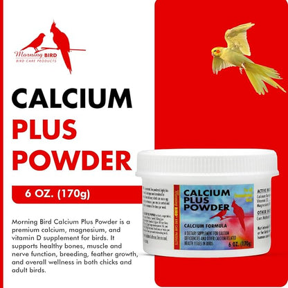 Morning Bird Calcium Plus Powder for Birds 6 oz – Calcium Carbonate Powder with Magnesium Glycinate &amp; Vitamin D – Bone Strength &amp; Immune Support Supplement – Calcium Formula for All Bird Sizes