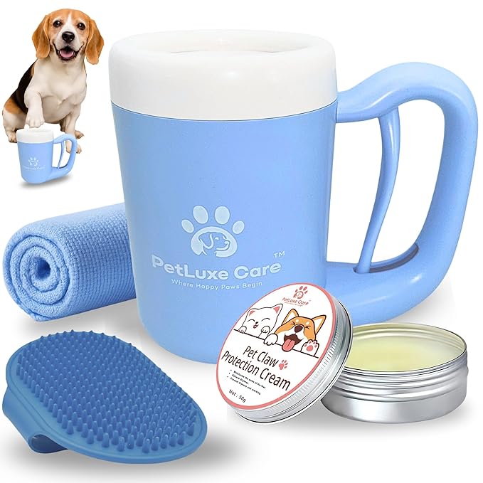 Dog Paw Cleaner for Small &amp; Medium Dogs – Portable Paw Washer Cup with Soft Silicone Brush, Towel &amp; Moisturizing Balm – Gently Cleans Muddy Paws After Walks (Blue, Medium)