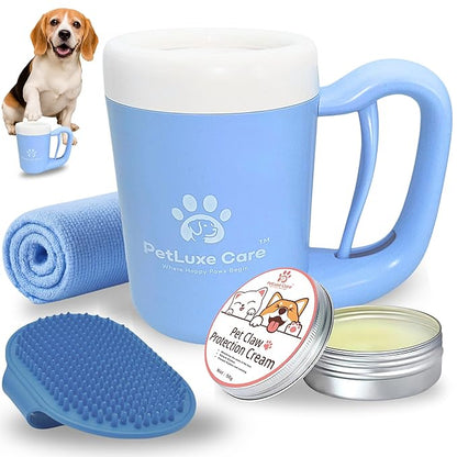 Dog Paw Cleaner for Small &amp; Medium Dogs – Portable Paw Washer Cup with Soft Silicone Brush, Towel &amp; Moisturizing Balm – Gently Cleans Muddy Paws After Walks (Blue, Medium)