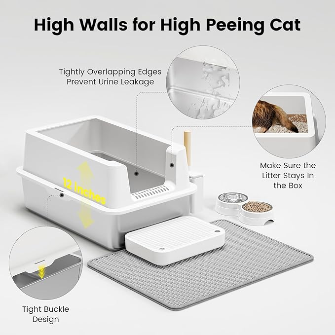 Stainless Steel Cat Litter Box - Enclosed XL Metal Kitty Litter Box with Lid for Big Cats, High Sided, Anti-Leakage, Easy Cleaning, Non-Sticky, Included Litter Mat, Cat Bowl &amp; Spoon