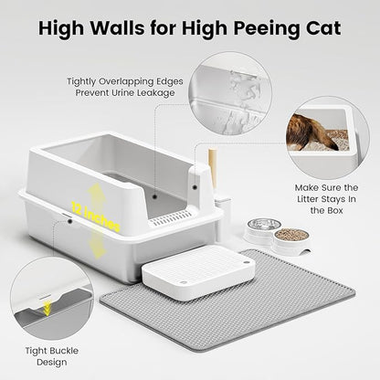 Stainless Steel Cat Litter Box - Enclosed XL Metal Kitty Litter Box with Lid for Big Cats, High Sided, Anti-Leakage, Easy Cleaning, Non-Sticky, Included Litter Mat, Cat Bowl &amp; Spoon