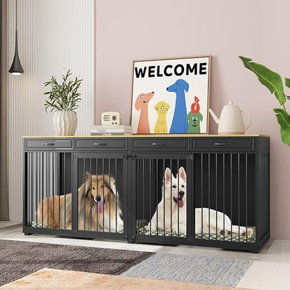 Extra Large Dog Crate with Double Rooms, 93" Heavy Duty Wooden Dog Cage Furniture Dog Crate Kennel w/Drawers &amp; Removable Divider,Indoor Luxury Dog House for Large Dogs,Black