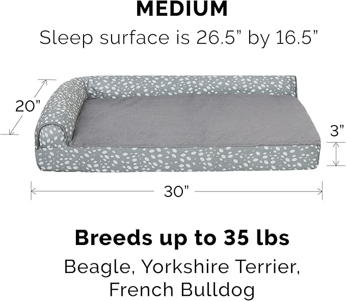 FurHaven Supportive Cooling Memory Foam L Chaise Dog Bed with Washable &amp; Removable Cover - Plush &amp; Almond Print - Gray Almonds, Dogs Up to 35 lbs - Medium