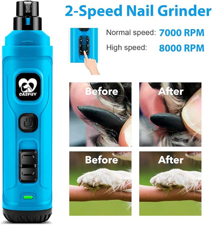 Casfuy Dog Nail Grinder with 2 LED Light - New Version 2-Speed Powerful Electric Pet Nail Trimmer Professional Quiet Painless Paws Grooming &amp; Smoothing for Small Medium Large Dogs(Bright Blue)